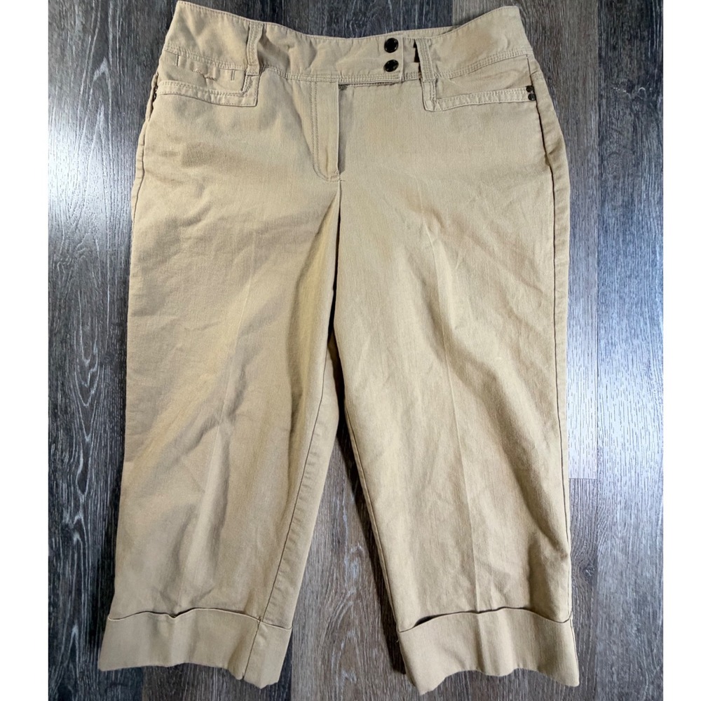 Larry Levine Capri Pants Womens 12 Tan Cuffed Hem Stretch Cropped Trousers